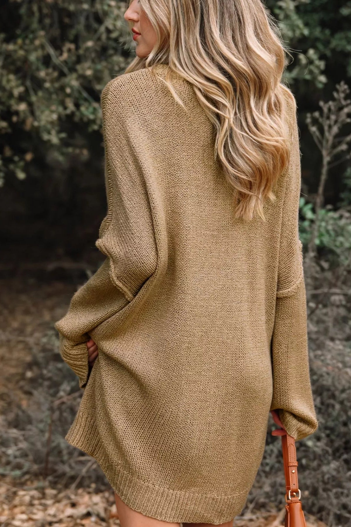 Sweater dress, mini, oversized, long sleeve, drop shoulder, slouchy, round neck, ribbed, exposed seam, slightly stretchy, back view