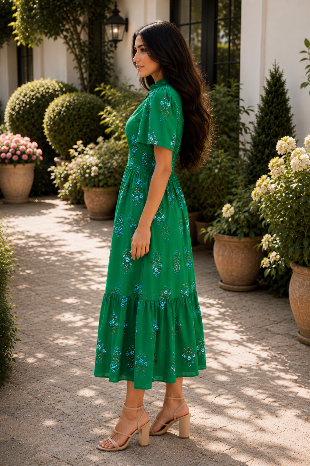 * Maxi
* Notched neck
* Pleated
* Smocked
* Puff short sleeves
* Ruffled
* Pocketed
* Unlined
* No stretch