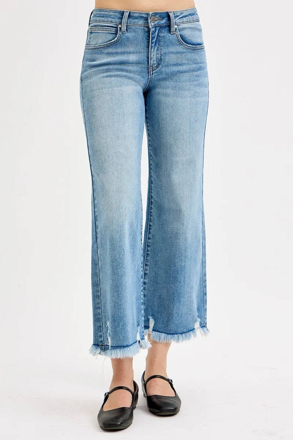 Risen Full Size Mid-Rise Wide Leg Cropped Jeans Front View