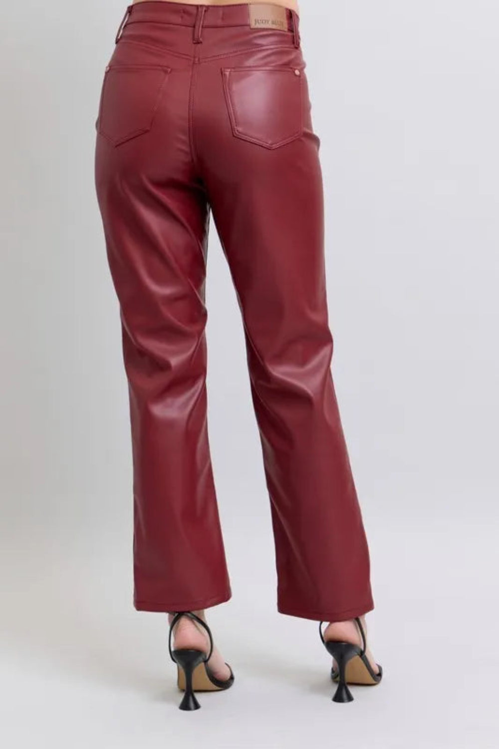 Judy Blue Pants, full-size, high-rise, tummy control, faux leather, straight leg, pocketed, brad detail, some stretch back view