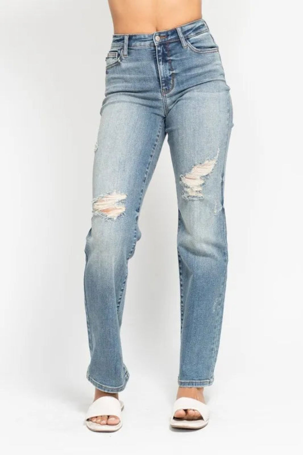 Judy Blue Jeans, full-size, high-rise, relaxed fit, straight leg, vintage wash, distressed, 5-pocket detailing, belt looped, button/zipper closure, slightly stretchy, front view