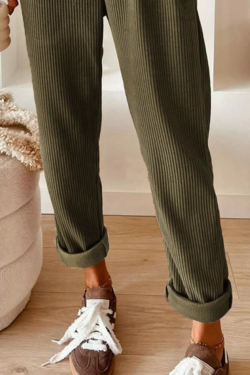 Pants, corduroy, drawstring, pocketed, elastic waist, high-rise, straight leg, no stretch, front bottom view