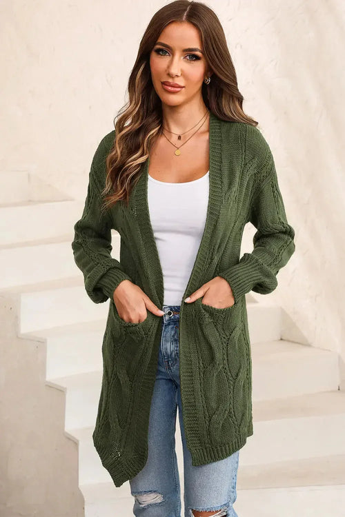 Cardigan, long sleeve, drop shoulder, open front, cable-knit, side slit, openwork, no buttons, pocketed, stretchy front view
