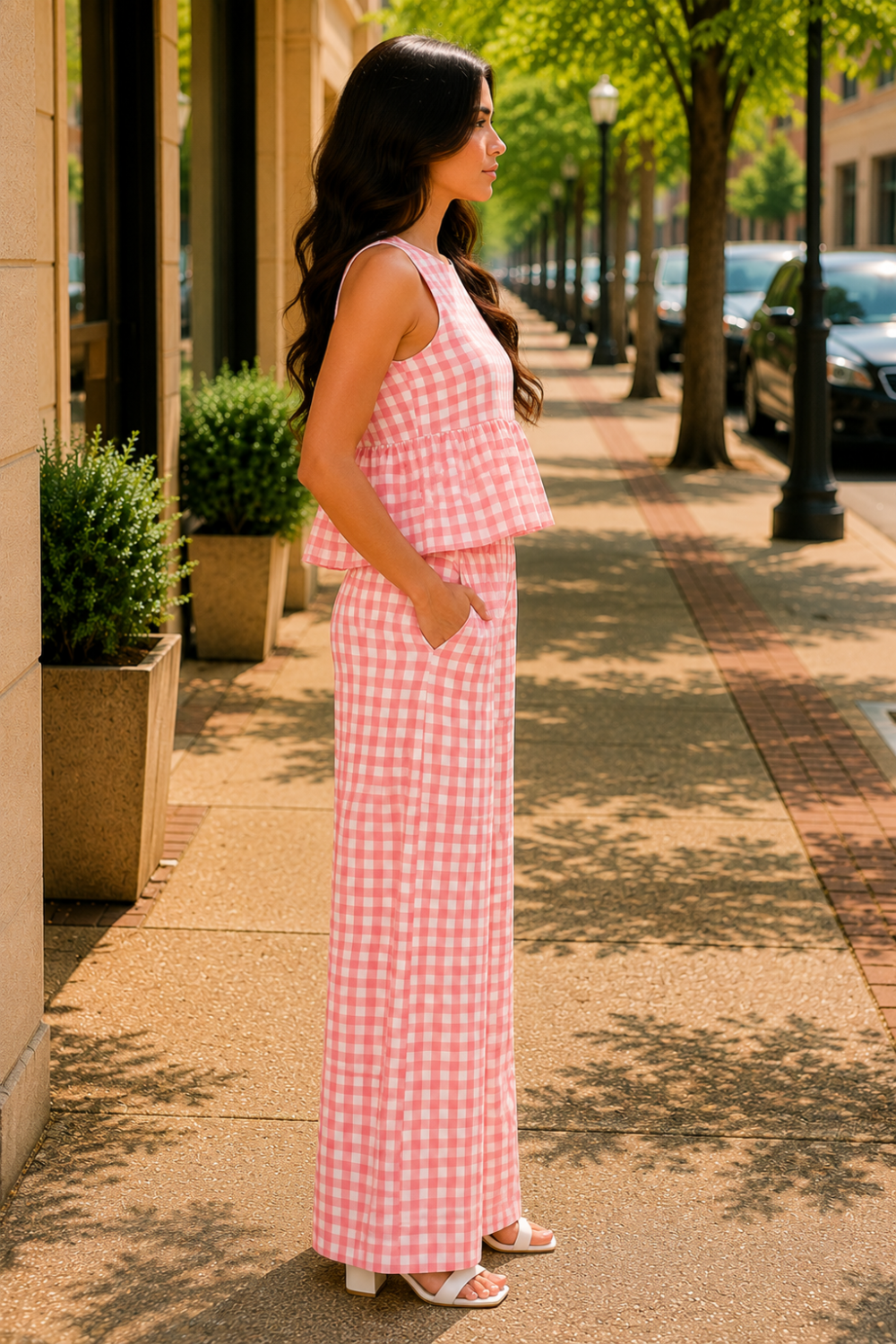 * Two-piece set
* Round neck
* Sleeveless
* Buttoned back closure
* Elastic waist
* Wide leg
* Ruffled
* No stretch