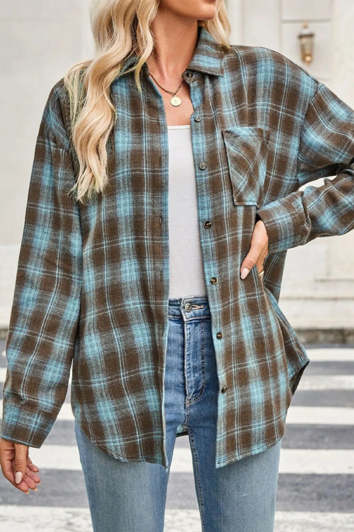 Shirt, long sleeve, collared, plaid print, buttoned, pocketed, oversized, no stretch, front view