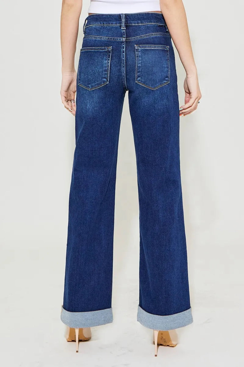 Risen Jeans, full-size, high-rise, denim, tummy control, wide leg, vintage dark wash, versatile roll up cuffs, 5-pocket construction, button/zip closure, belt loop waistband, slightly stretchy, back view