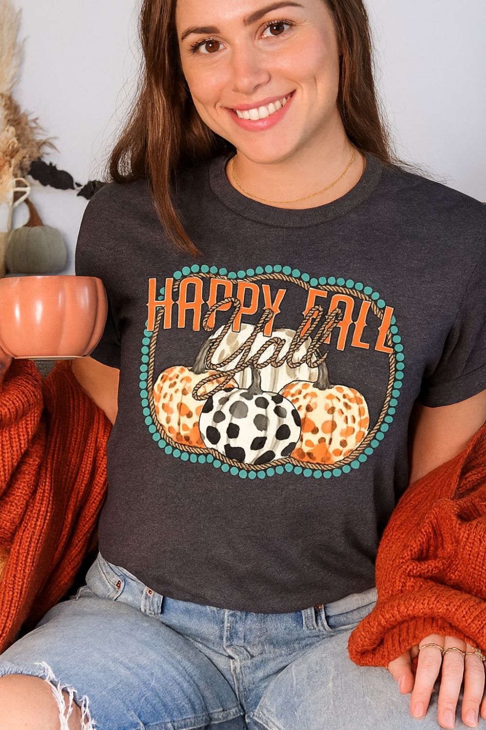 T-shirt, graphic, short sleeve, crew neck,  DTF print, Happy Fall Y'all graphics, stretchy , front view