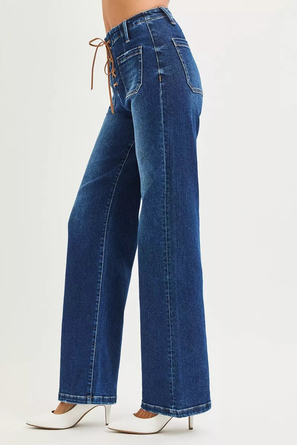 Risen Jeans, full-size, high-rise, wide leg, lace up closure, front patch pockets, back pockets, belt loops, dark wash, slightly stretchy, side view