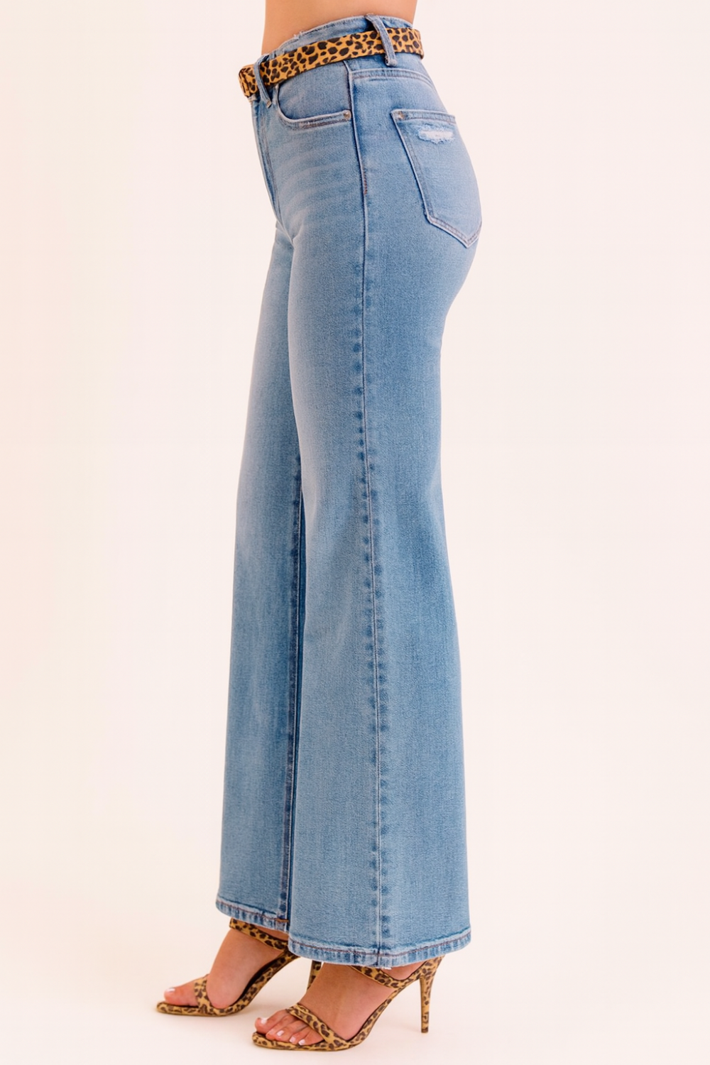 Risen Jeans, full size, high rise, distressed, wide leg, 5-pocket styling, secure button and zipper closure, stretchy, side view