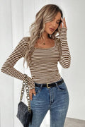 Top, Pullover, Square neck, Long sleeve,
Ribbed, Striped, Fitted, Stretchy, front view