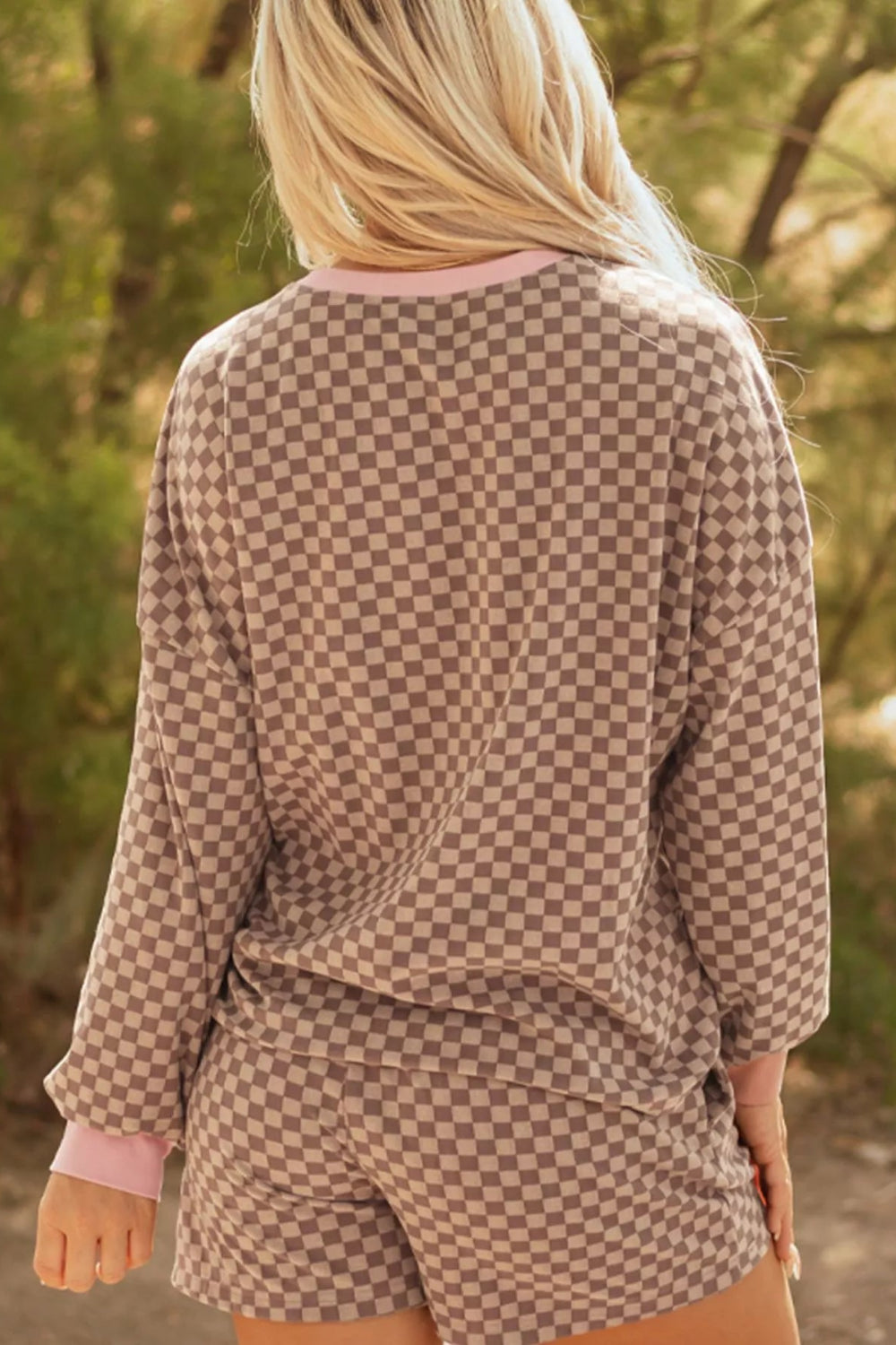 Lounge set, two-piece, drop shoulder, long sleeve, contrast ribbed trim, round neck, drawstring waist, pockets, stretchy, back view