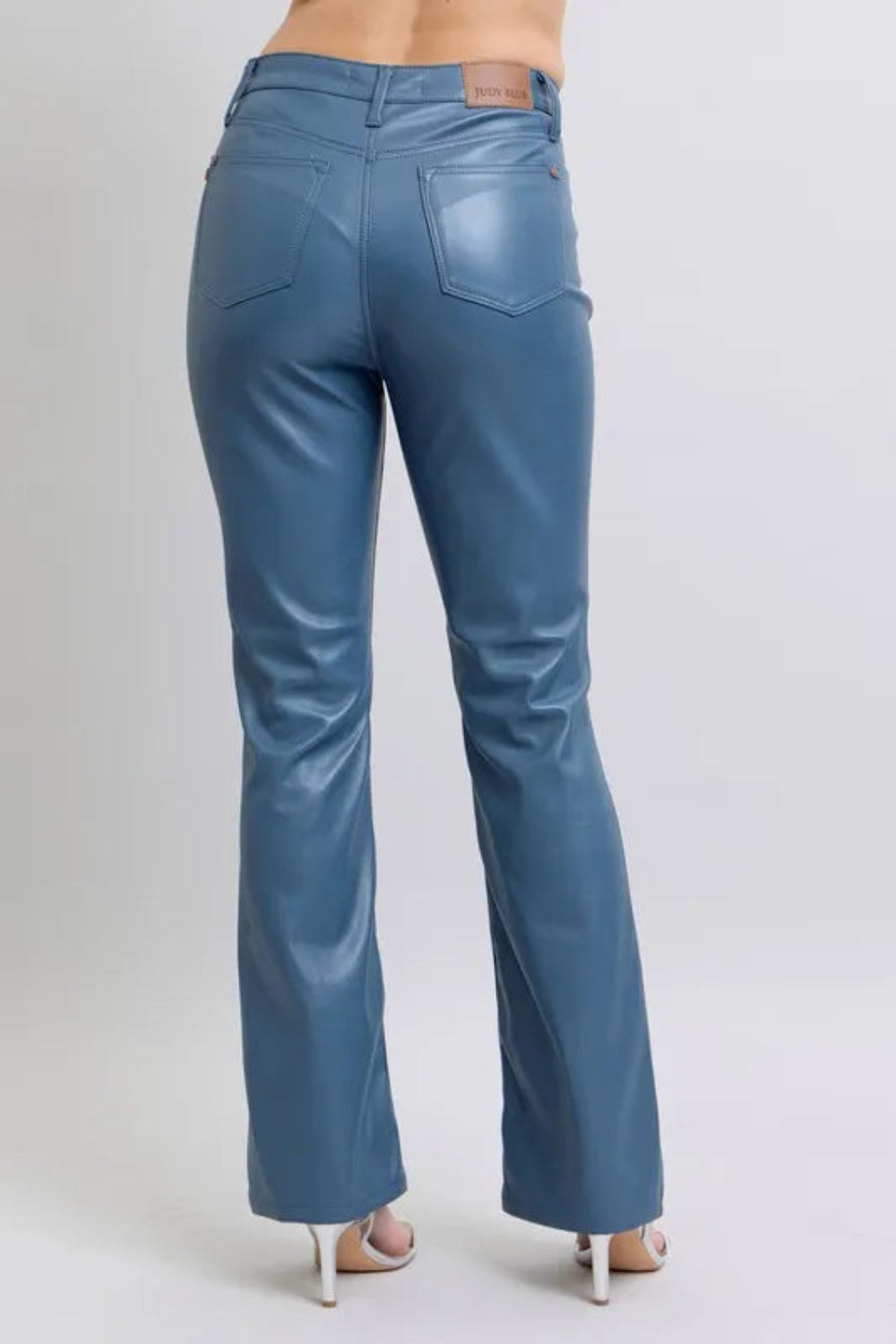 Judy Blue Pants, full-size, high-rise, tummy control, faux leather, straight leg, pocketed, brad detail, some stretch back view