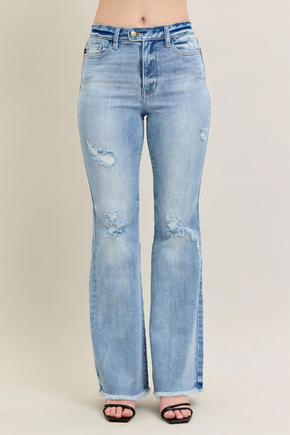 Judy Blue Jeans, full-size, high-rise, shield pocket, pocketed, flared, light wash, distressed knee, raw hem, stretchy, front view