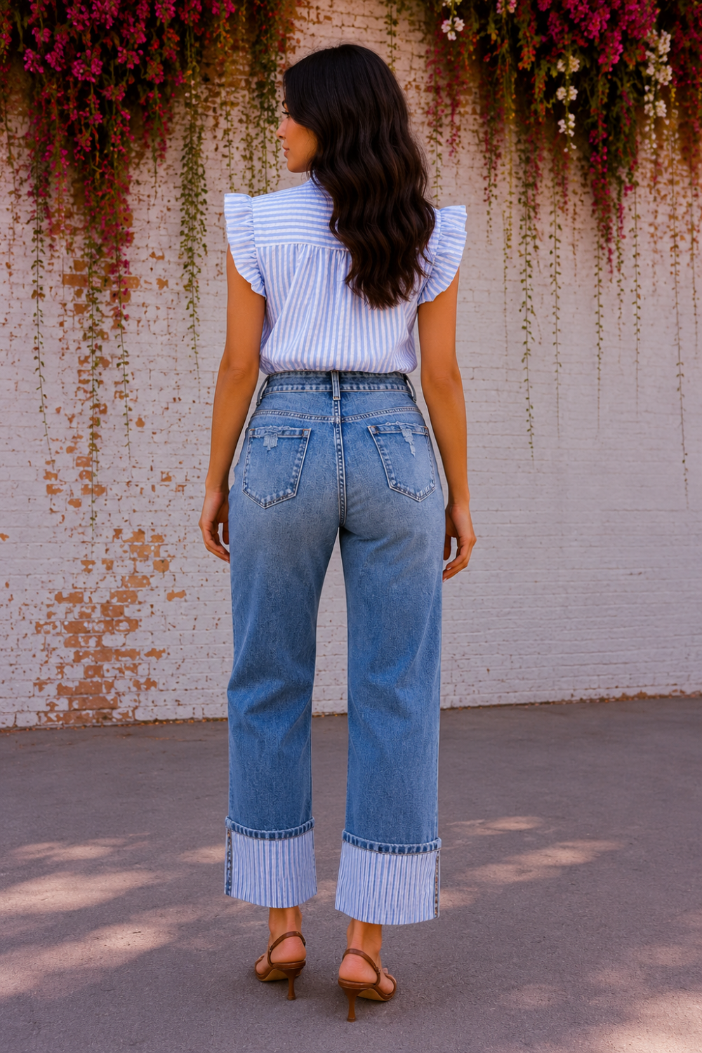 * Light wash
* Straight leg
* High-rise
* Cuffed
* Stripe detailing
* Loose fit
* Button/zipper closure
* Pocketed
* Belt loops
* Slightly stretchy