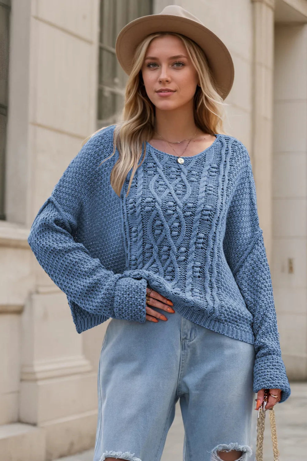 Sweater, pullover, long sleeve, drop shoulder, exposed seam, cable-knit, wide neck, stretchy front view