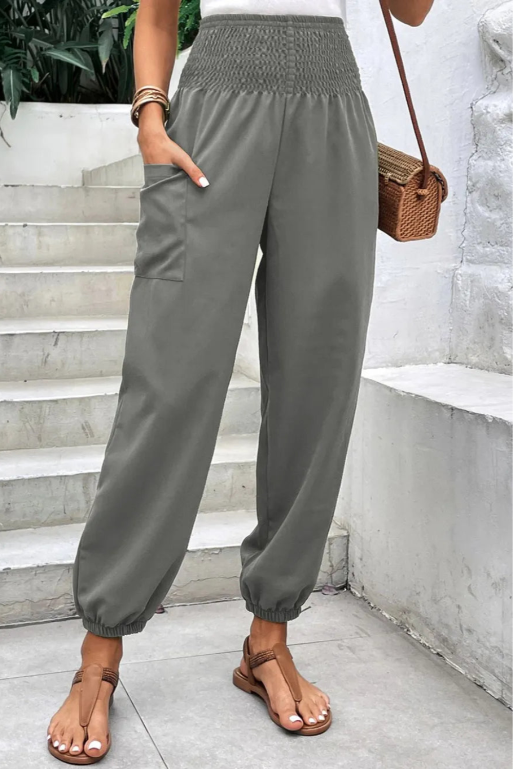 Joggers, high-waist, no drawstring, shirred, pocketed, opaque, slightly stretchy front view
