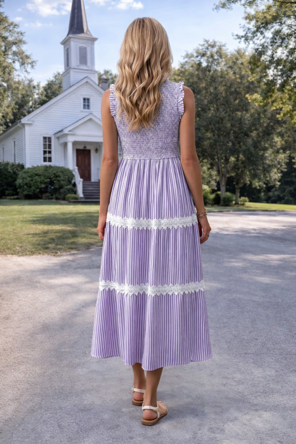 * Midi Dress
* Smocked
* Sleeveless
* Lace
* Tiered
* Unlined
* Round neck
* Stretchy