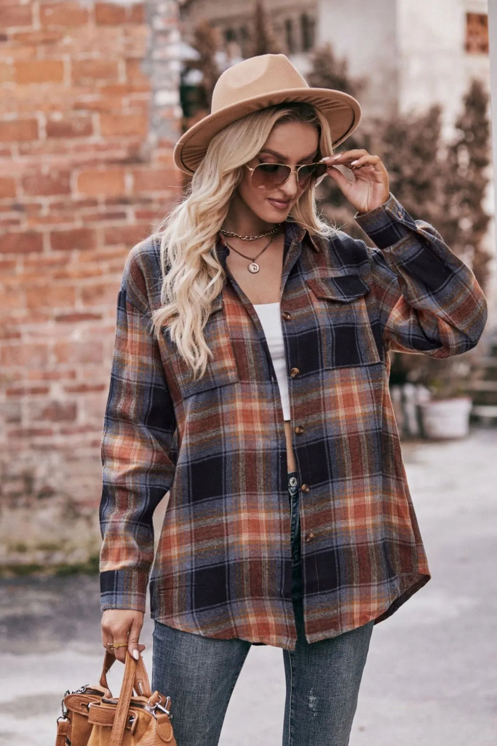 Long sleeve shirt, plaid, collared, pocketed, buttoned, oversized, drop shoulder, no stretch, many colors, front view