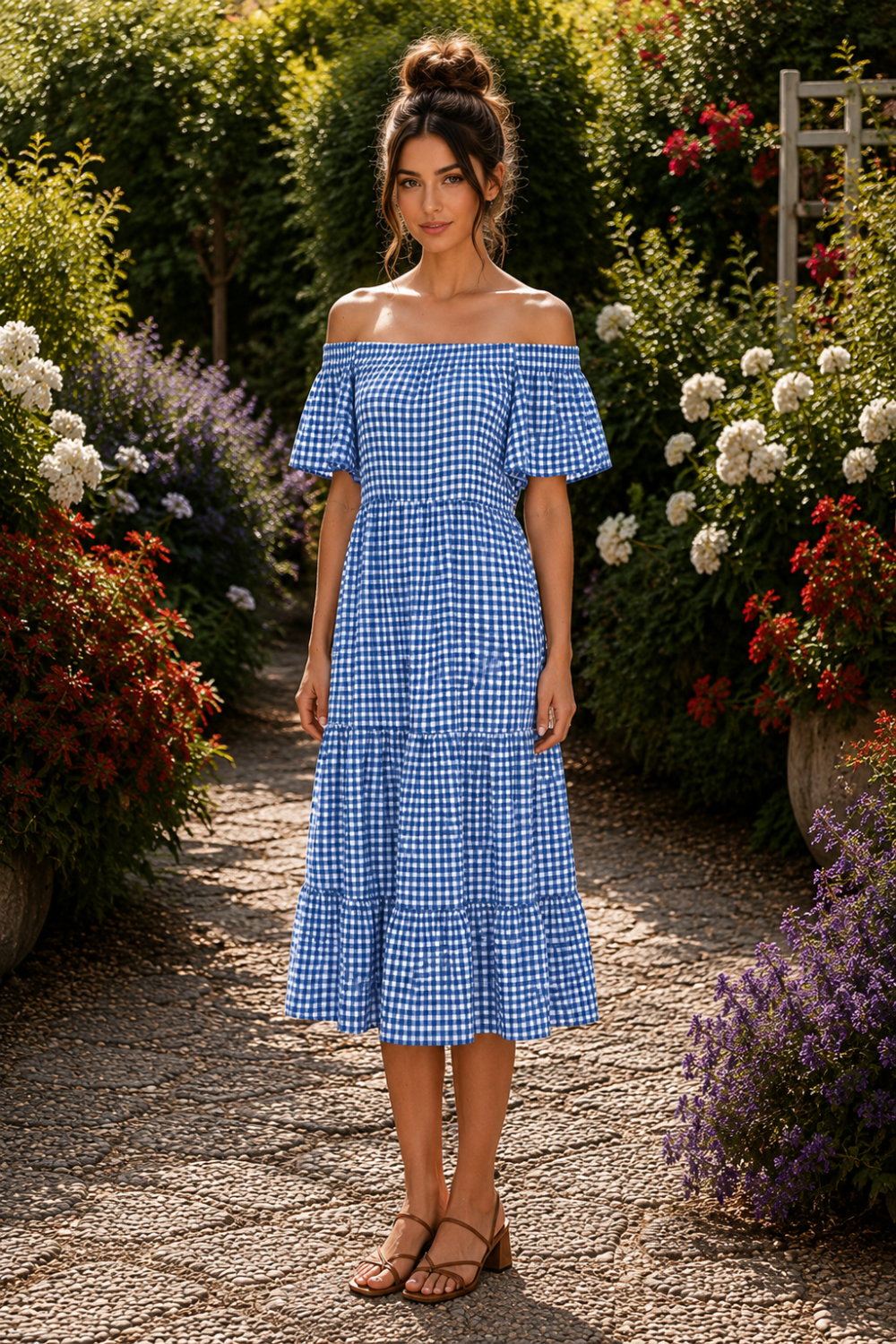 * Midi dress
* Off shoulder
* Flutter sleeves
*Ruffle neckline
* Tiered
* Ruffled
* Unlined
* No stretch
