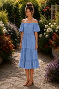 * Midi dress
* Off shoulder
* Flutter sleeves
*Ruffle neckline
* Tiered
* Ruffled
* Unlined
* No stretch
