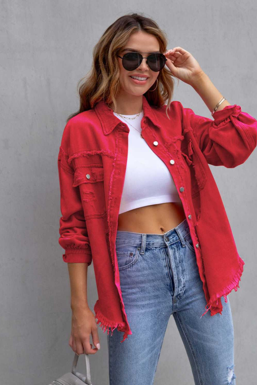 denim jacket, long sleeve, collared, buttoned, buttoned front patch pockets, distressed, fringed/raw hem, no stretch, multiple colors, front view