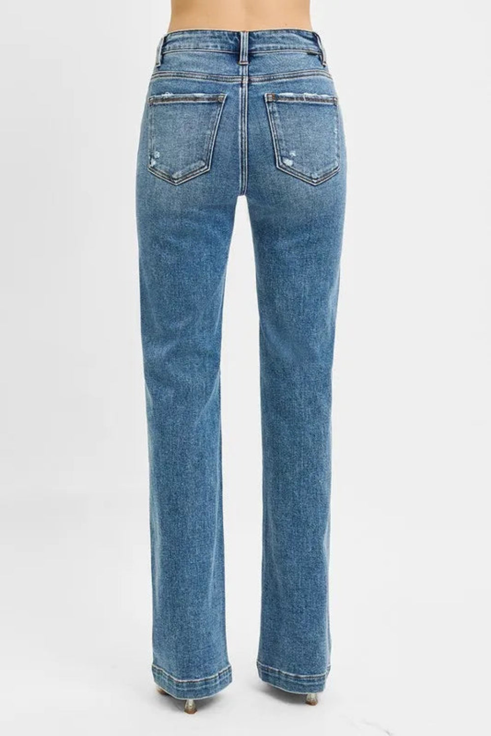 Risen Jeans, 5-pocket construction, button/zip closure, medium vintage wash, distressed, belt loop waistband, bootcut, slightly stretchy, back view