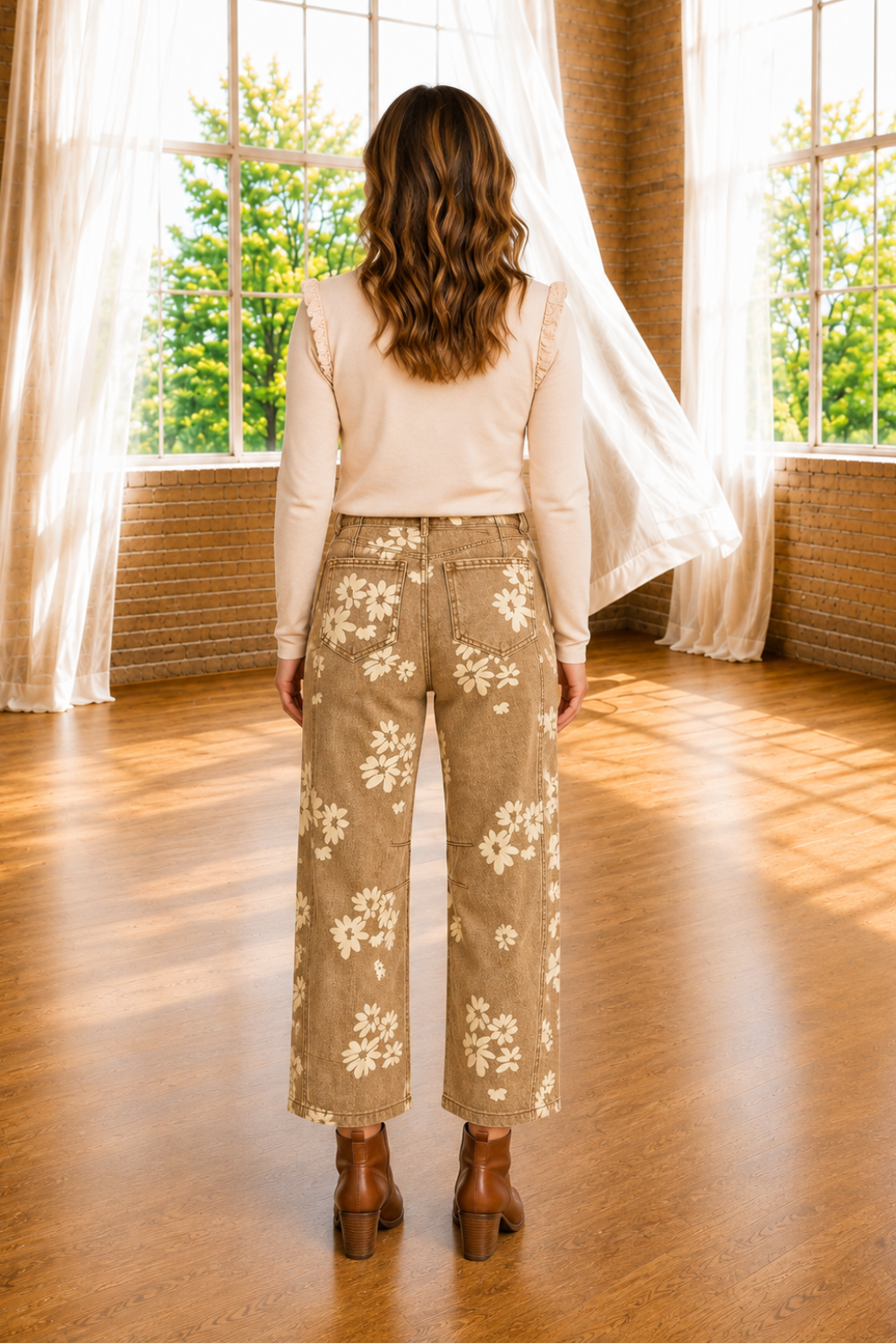 * Jeans
* Floral print
* Straight leg
* Button/zipper closure
* Belt loops
* Pocketed
* Pleated
* High-waist
* Loose fit
* Slightly stretchy