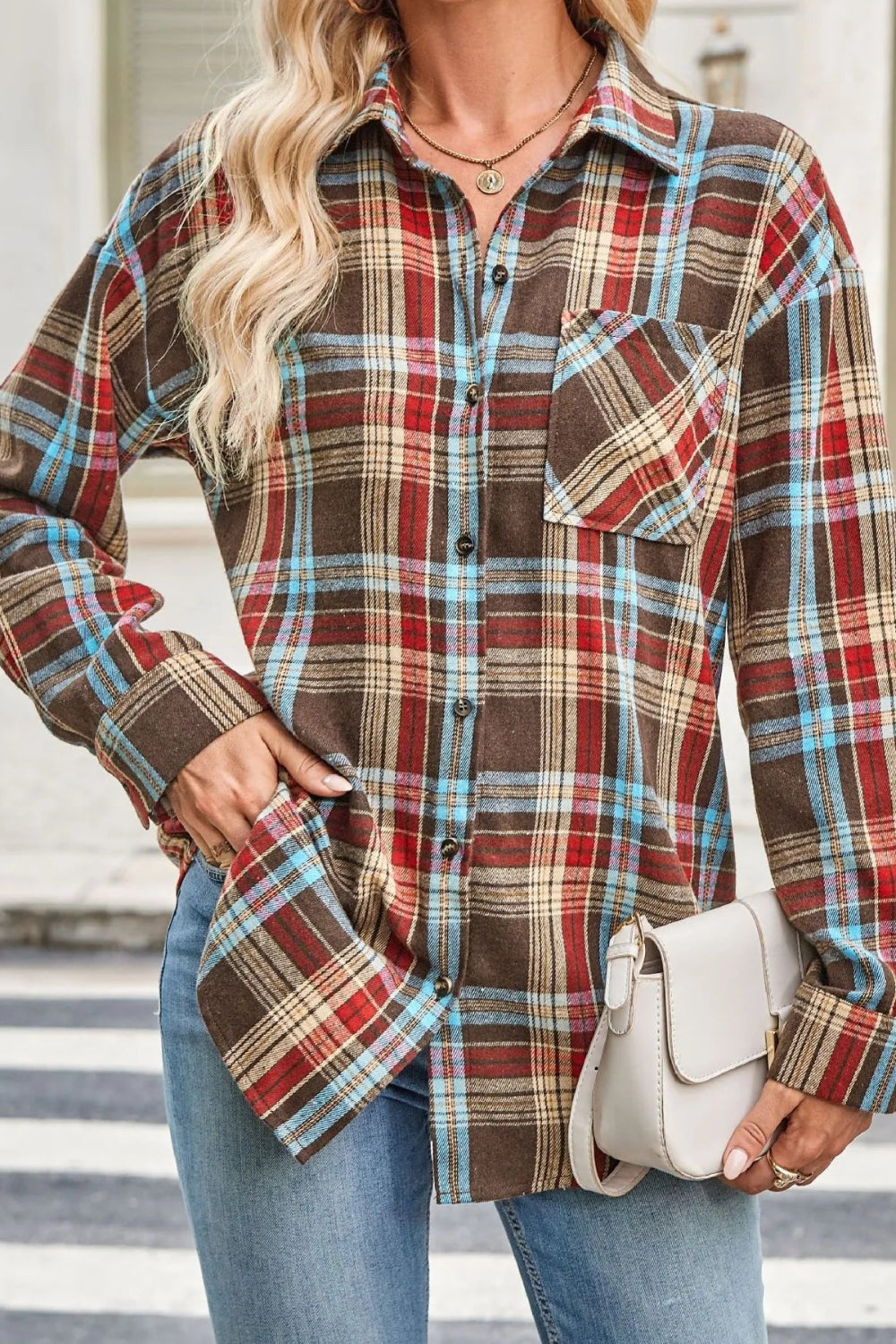 Shirt, long sleeve, collared, plaid print, buttoned, pocketed, oversized, no stretch, front view