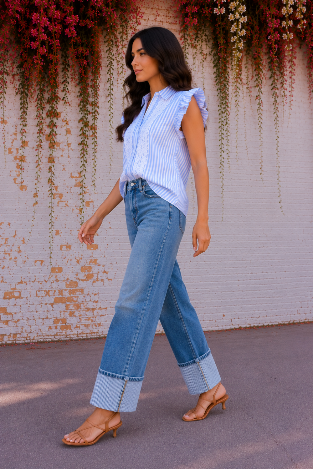 * Light wash
* Straight leg
* High-rise
* Cuffed
* Stripe detailing
* Loose fit
* Button/zipper closure
* Pocketed
* Belt loops
* Slightly stretchy