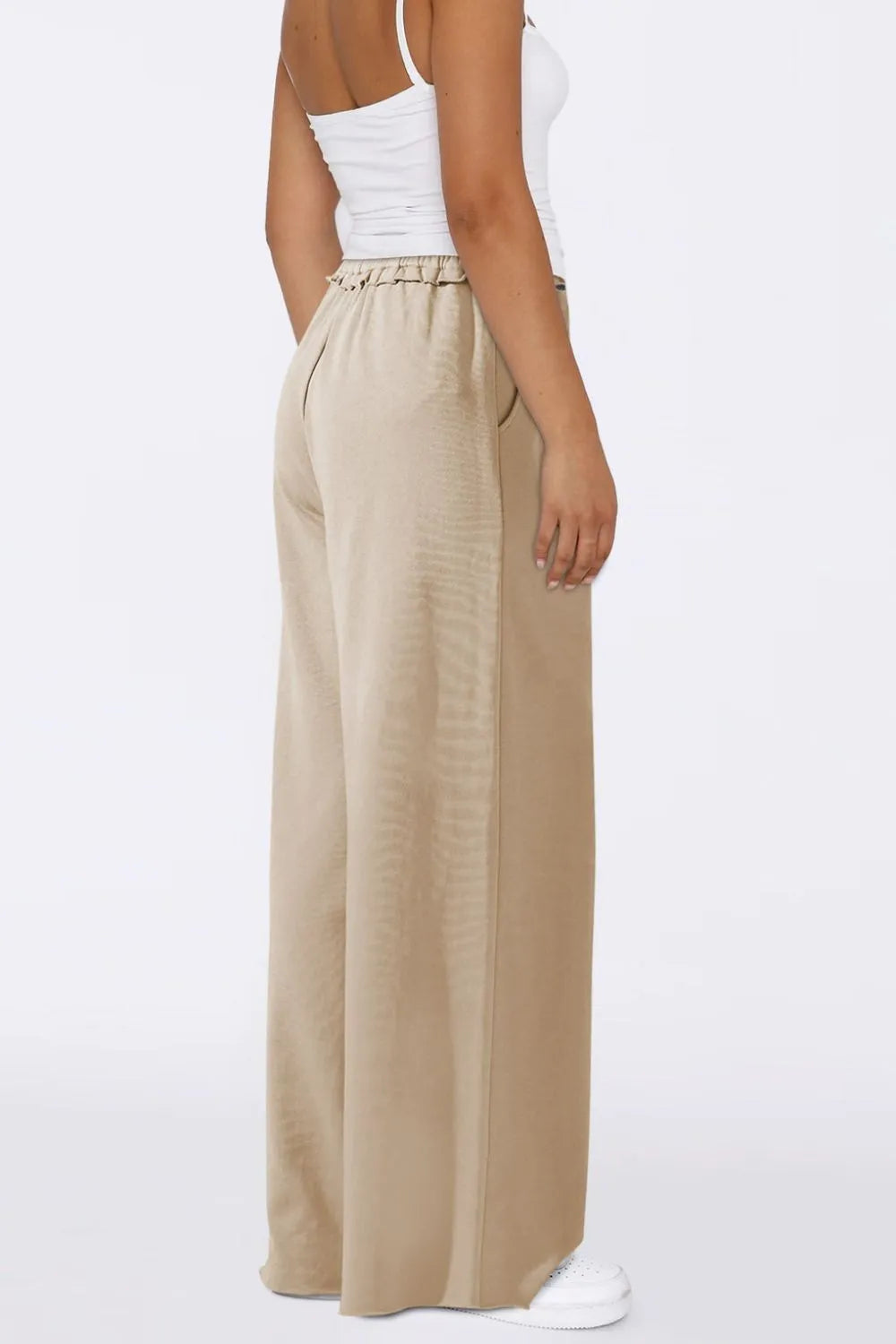 Pants, high waist, drawstring, elastic waist, opaque, frill, wide leg, pocketed, no stretch side view