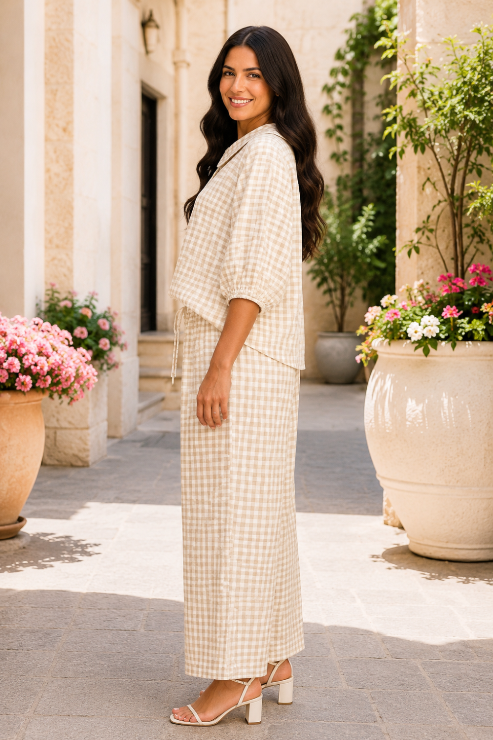  Two-piece pant set
* Gingham print
* Peter Pan collar
* Button down
* Half puff sleeves
* Elastic drawstring waist
* Pocketed
* Slightly stretchy