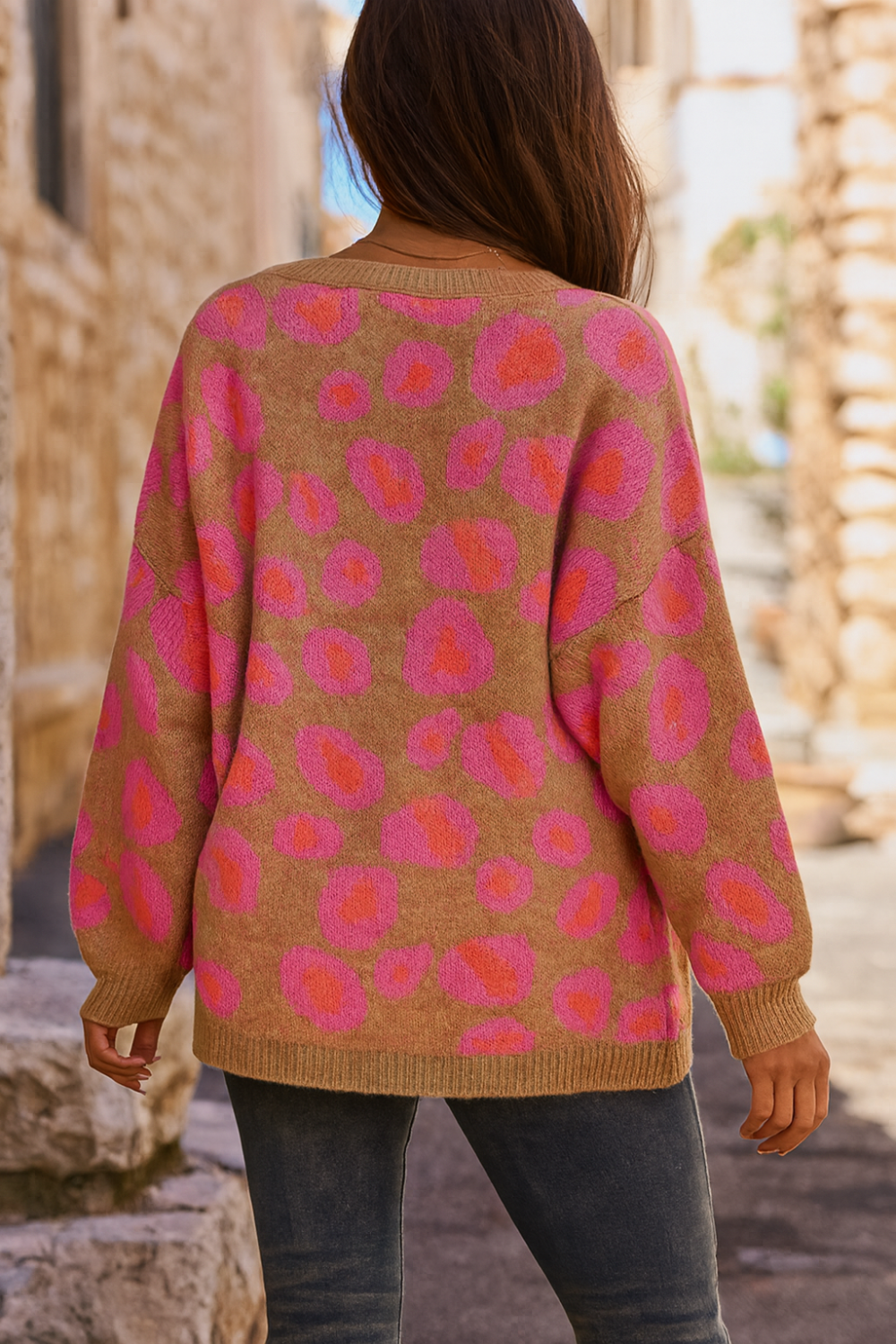 Sweater, pullover, v-neck, long sleeve, drop shoulder, leopard print, contrast trim, stretchy, back view