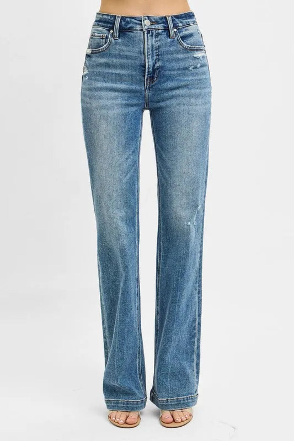 Risen Jeans, 5-pocket construction, button/zip closure, medium vintage wash, distressed, belt loop waistband, bootcut, slightly stretchy, front view