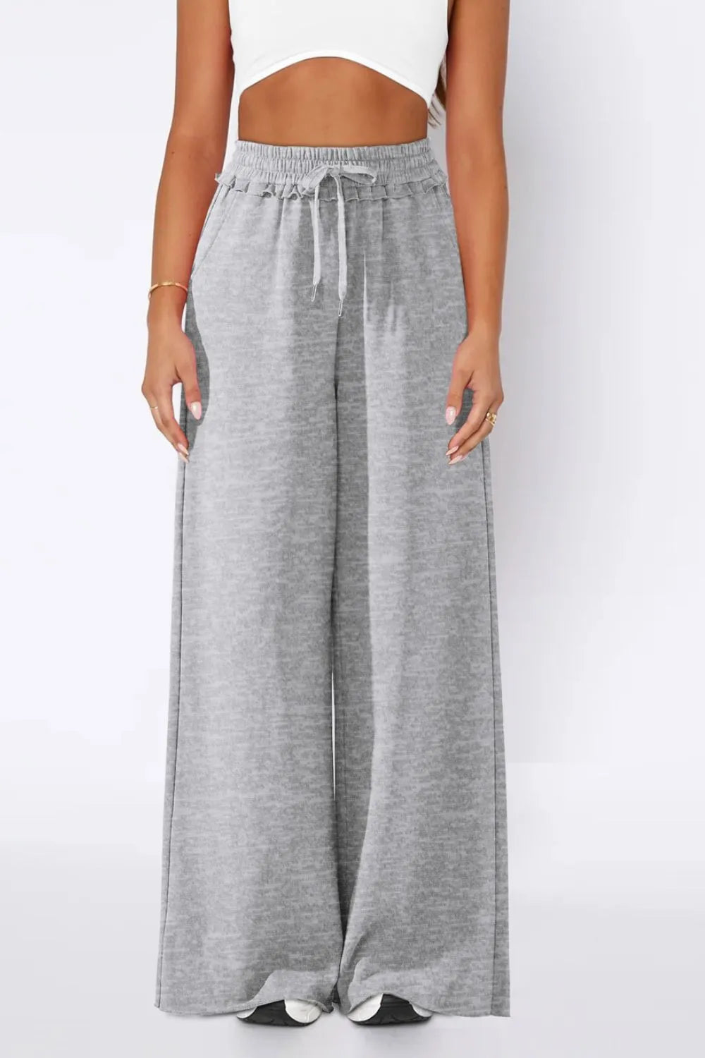 Pants, high waist, drawstring, elastic waist, opaque, frill, wide leg, pocketed, no stretch front view