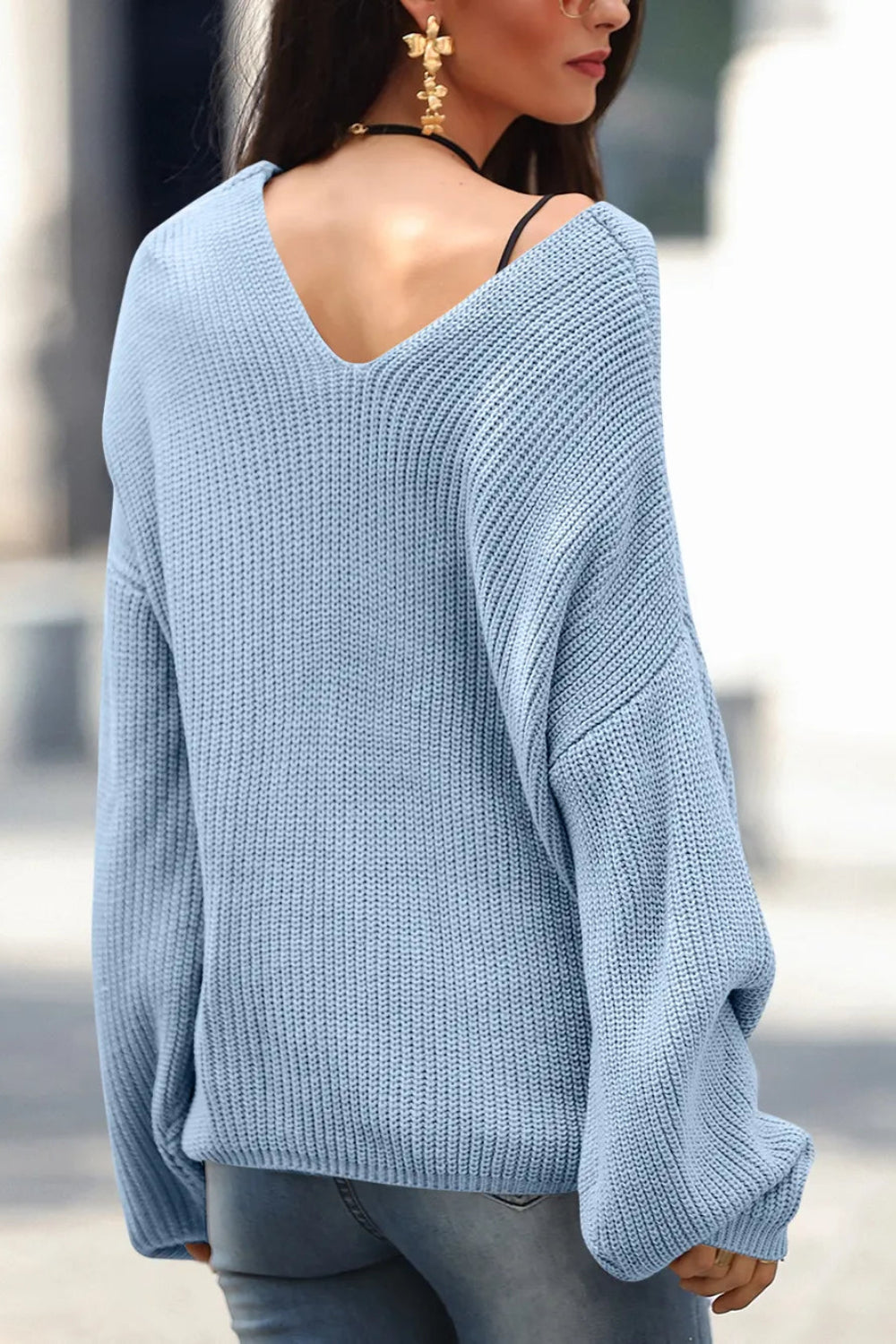 sweater, pullover, long sleeve, drop shoulder, v-neck, ribbed, knit, front lace detail, oversized, slightly stretchy