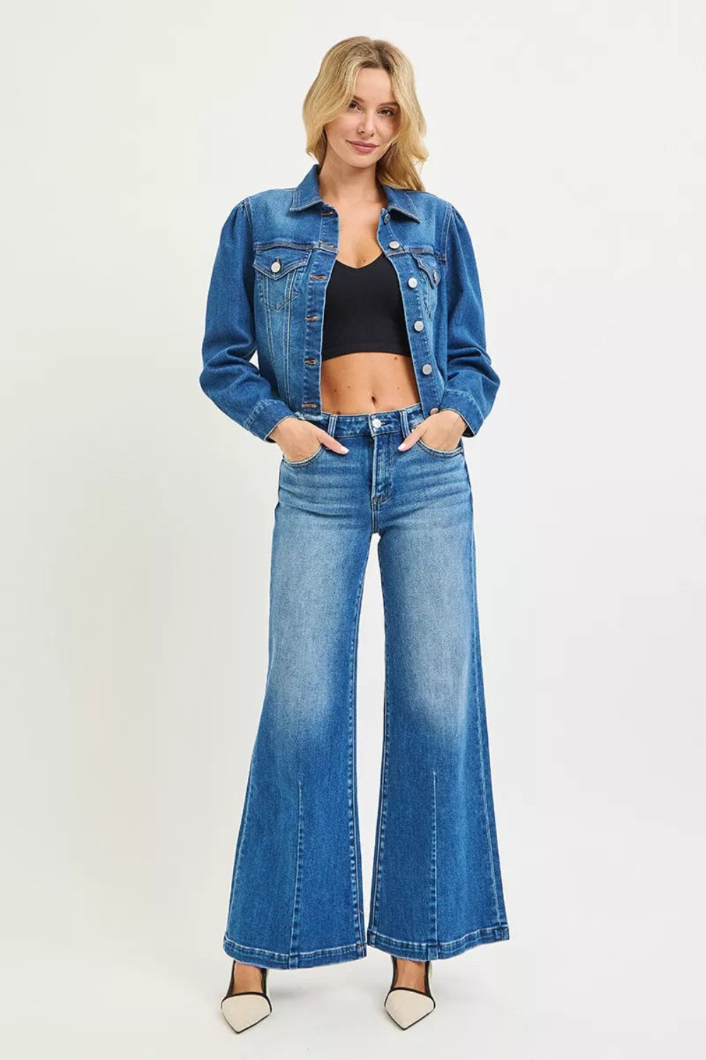 Risen Jeans, full-size, mid-rise, wide leg, flared look, medium wash, belt loops, button/zipper closure, pocketed, bottom dark, slightly stretchy, front view