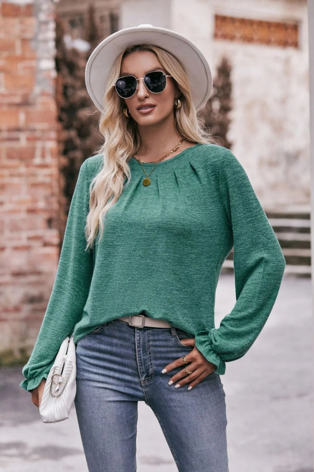 T-shirt, long sleeve, pullover, ruched, round neck, ruffled wrist, long, stretchy, front view