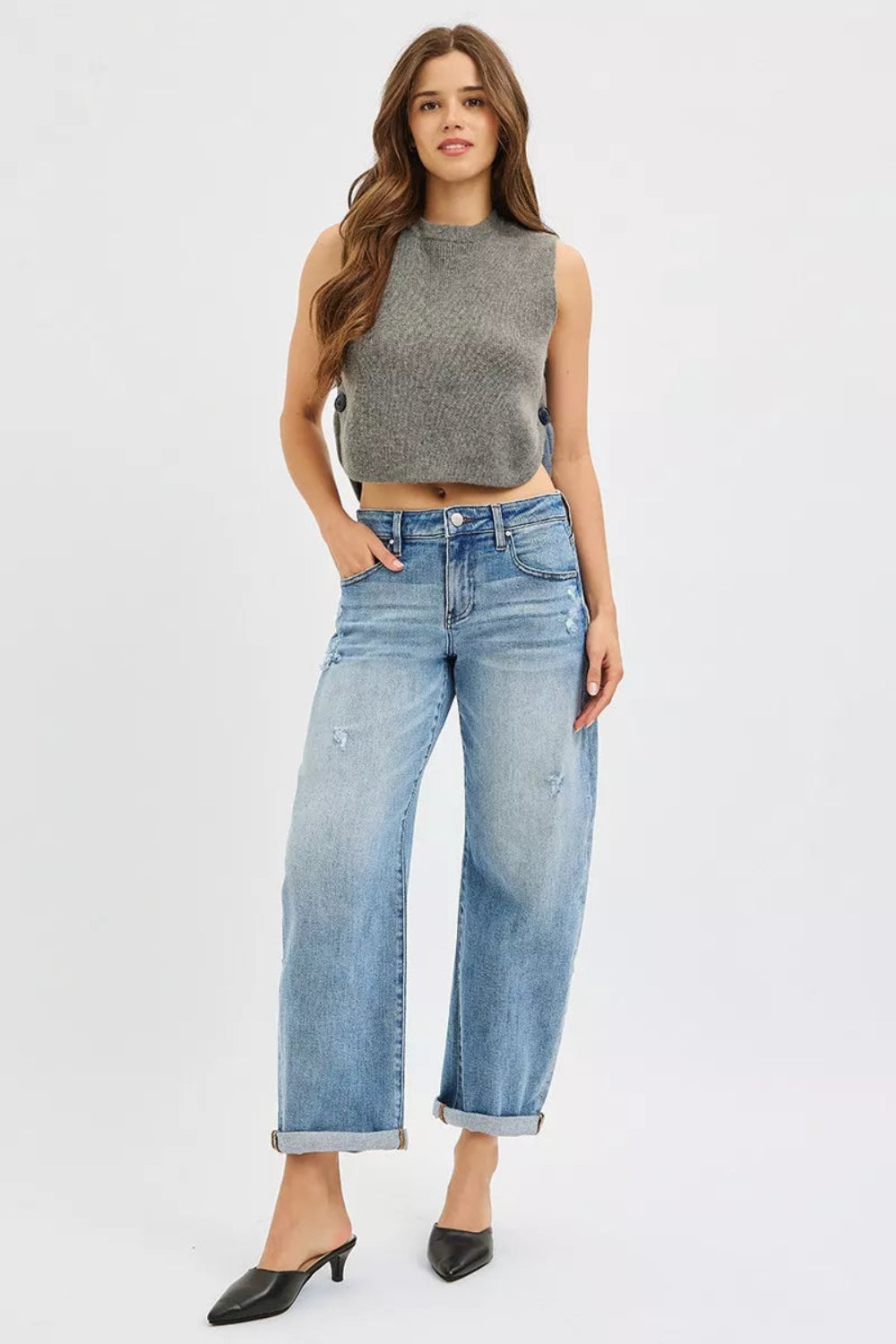 Risen Jeans, full-size, mid-rise, slouchy, ankle length, barrel, cuffed, distressed, belt loops, pocketed, button/zipper closure, medium wash, slightly stretchy, front view
