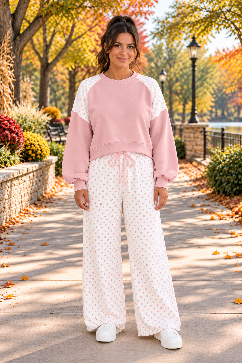 Social Club Pant Set with a light pink cropped sweatshirt, polka-dot shoulder panels, and matching wide-leg drawstring pants front view.