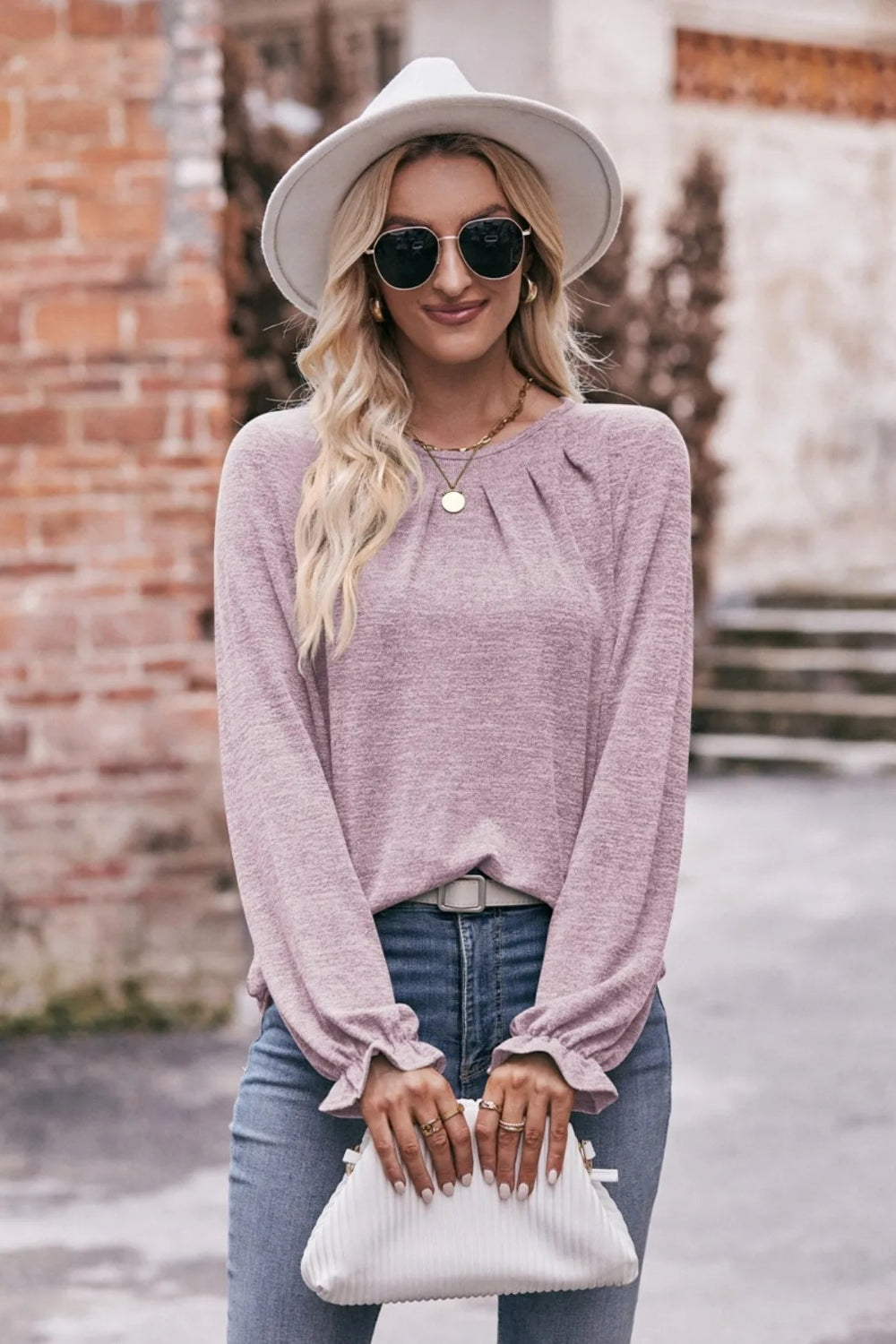 T-shirt, long sleeve, pullover, ruched, round neck, ruffled wrist, long, stretchy, front view