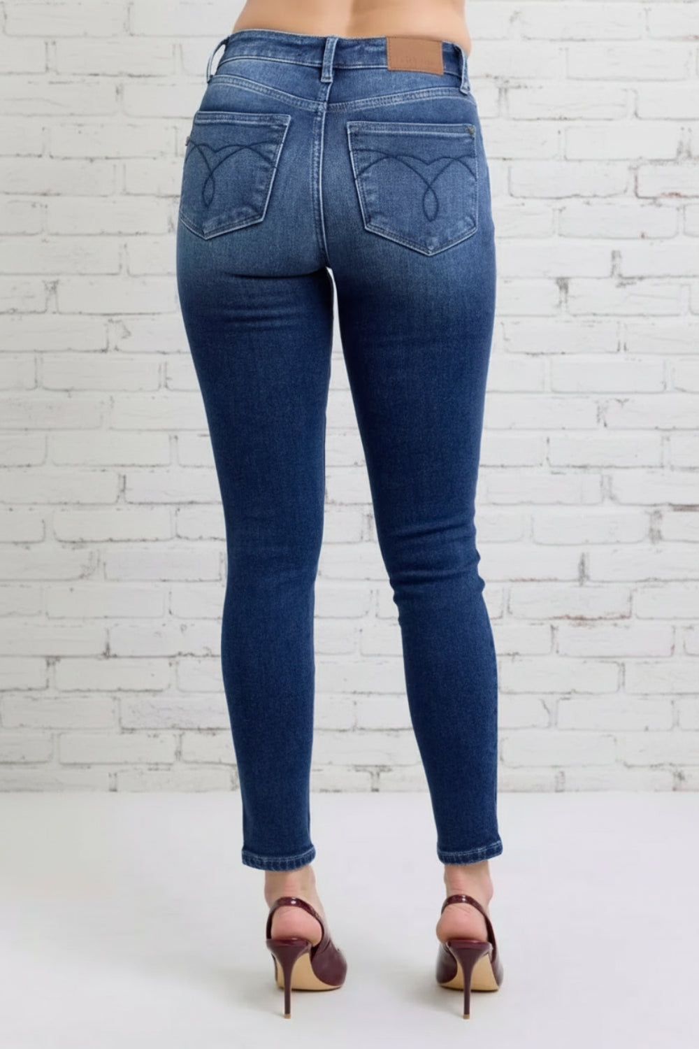 Judy Blue Jeans, full-size, high-rise, thermal, skinny, pocketed, belt loops, button/zipper closure, dark vintage wash, stretchy, back view