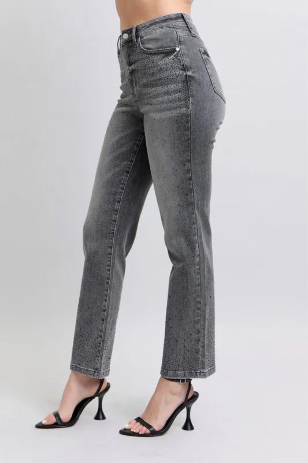 Judy Blue Jeans, full-size, high-rise, rhinestone embellishments, button and zipper closure, pocketed, slightly stretchy, side view