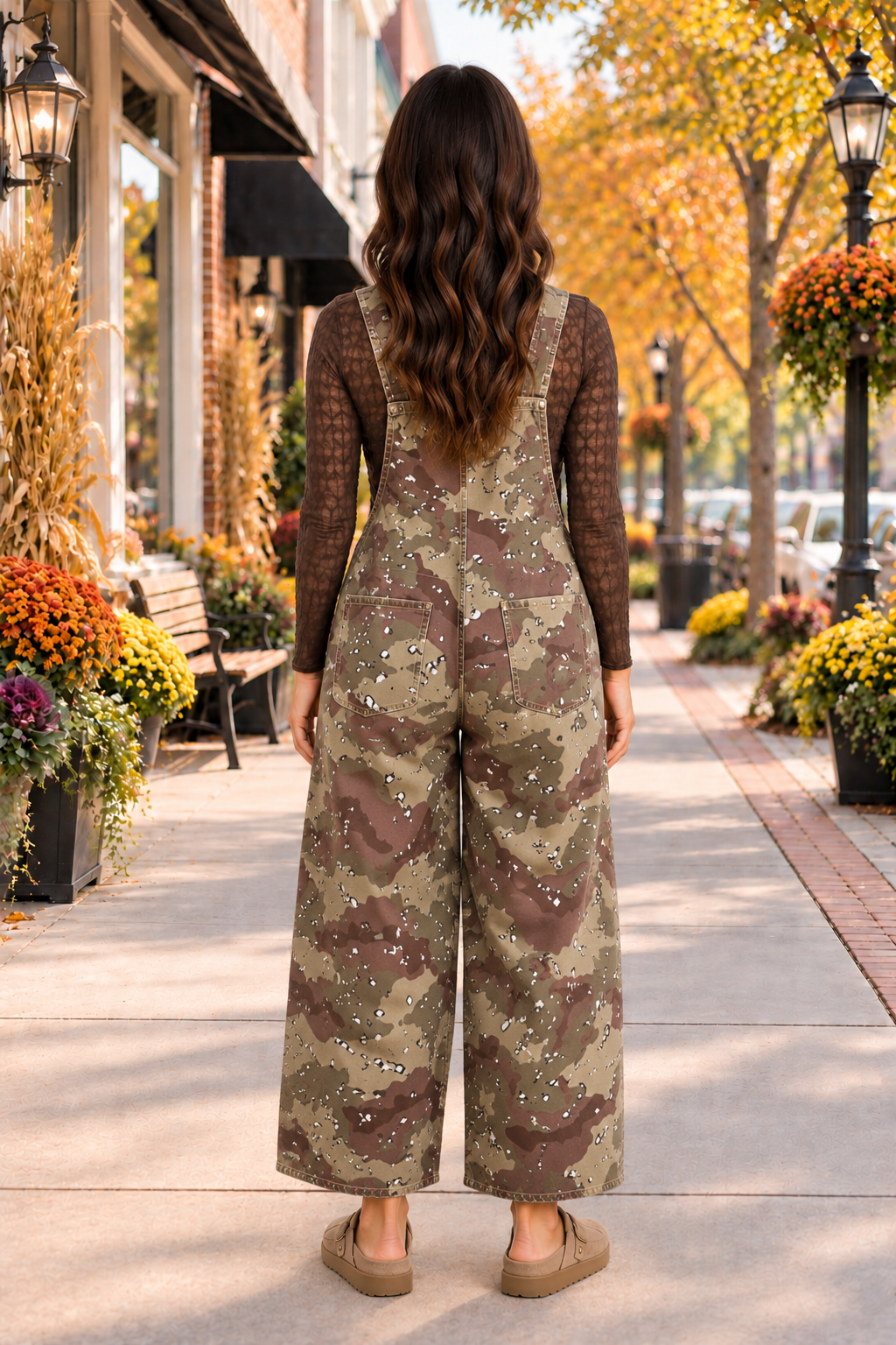 Back view of the Blending In Overalls in green and brown camouflage with adjustable straps, bib pocket, side buttons, and cropped wide legs.