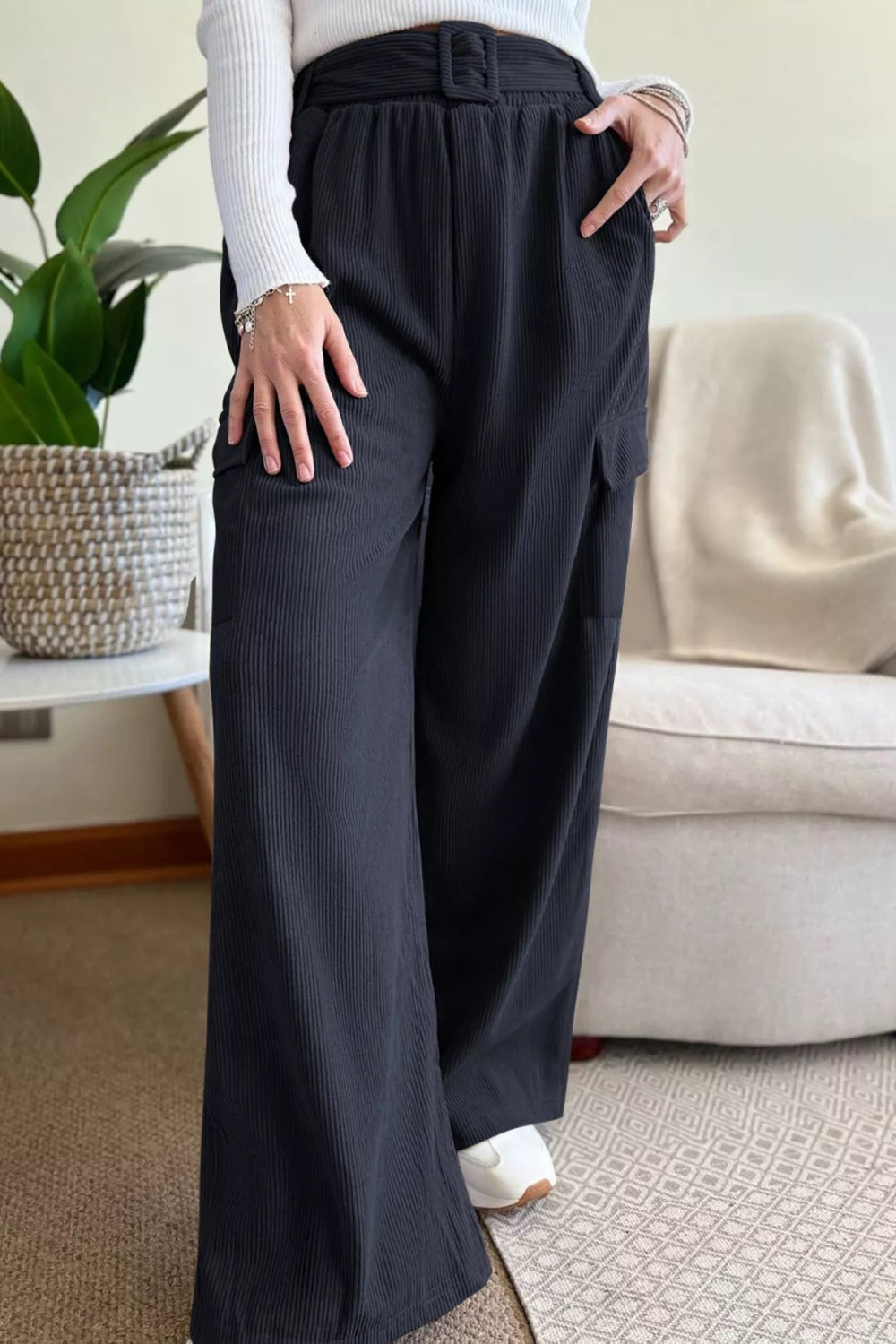 Pants, high-waist, belted, looped, elastic waist, wide leg, corduroy, front and side pockets, not stretch, front view
