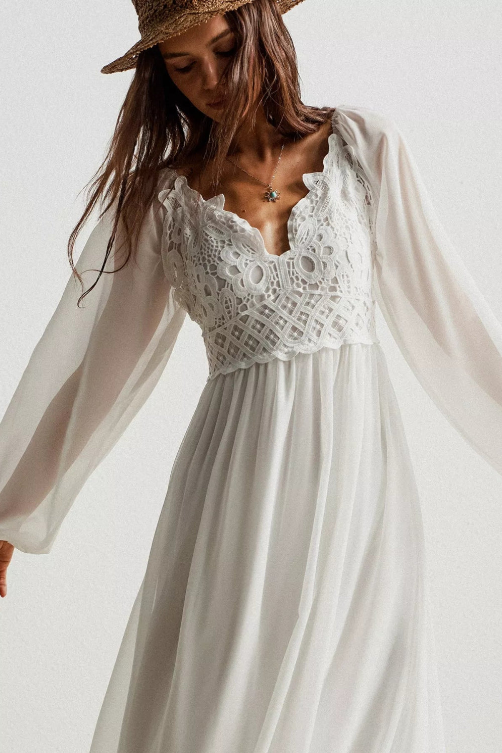 Maxi dress, boho style, v-neck, crochet, lace, smocked, partially lined, bishop sleeve, some stretch on top, no stretch on body, front view