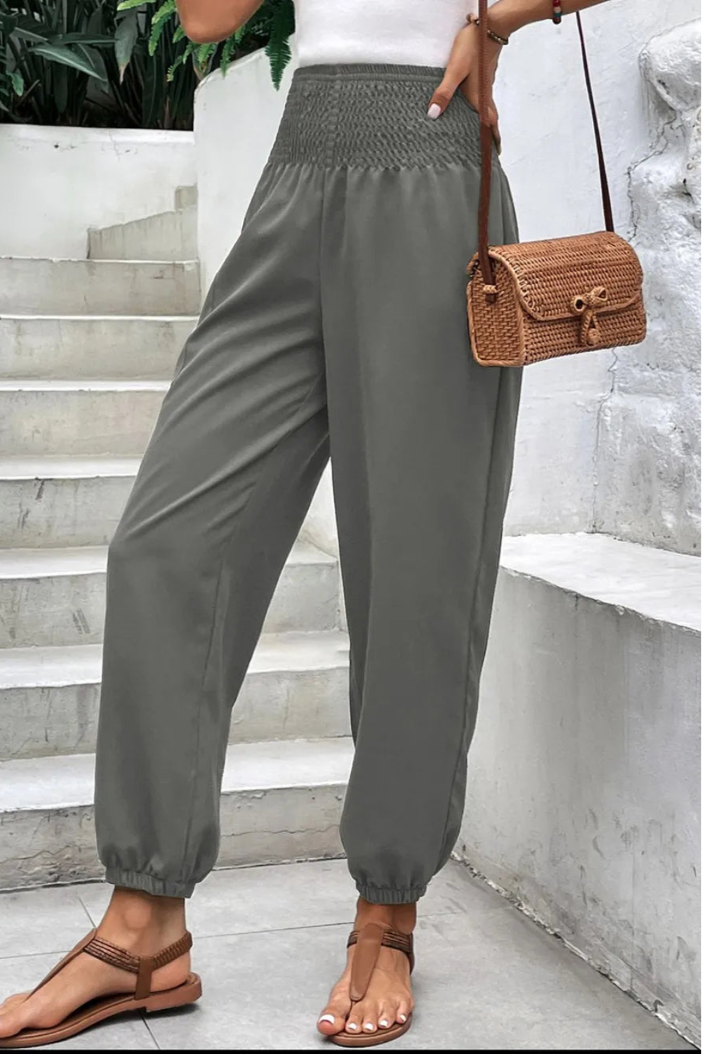 Joggers, high-waist, no drawstring, shirred, pocketed, opaque, slightly stretchy front view