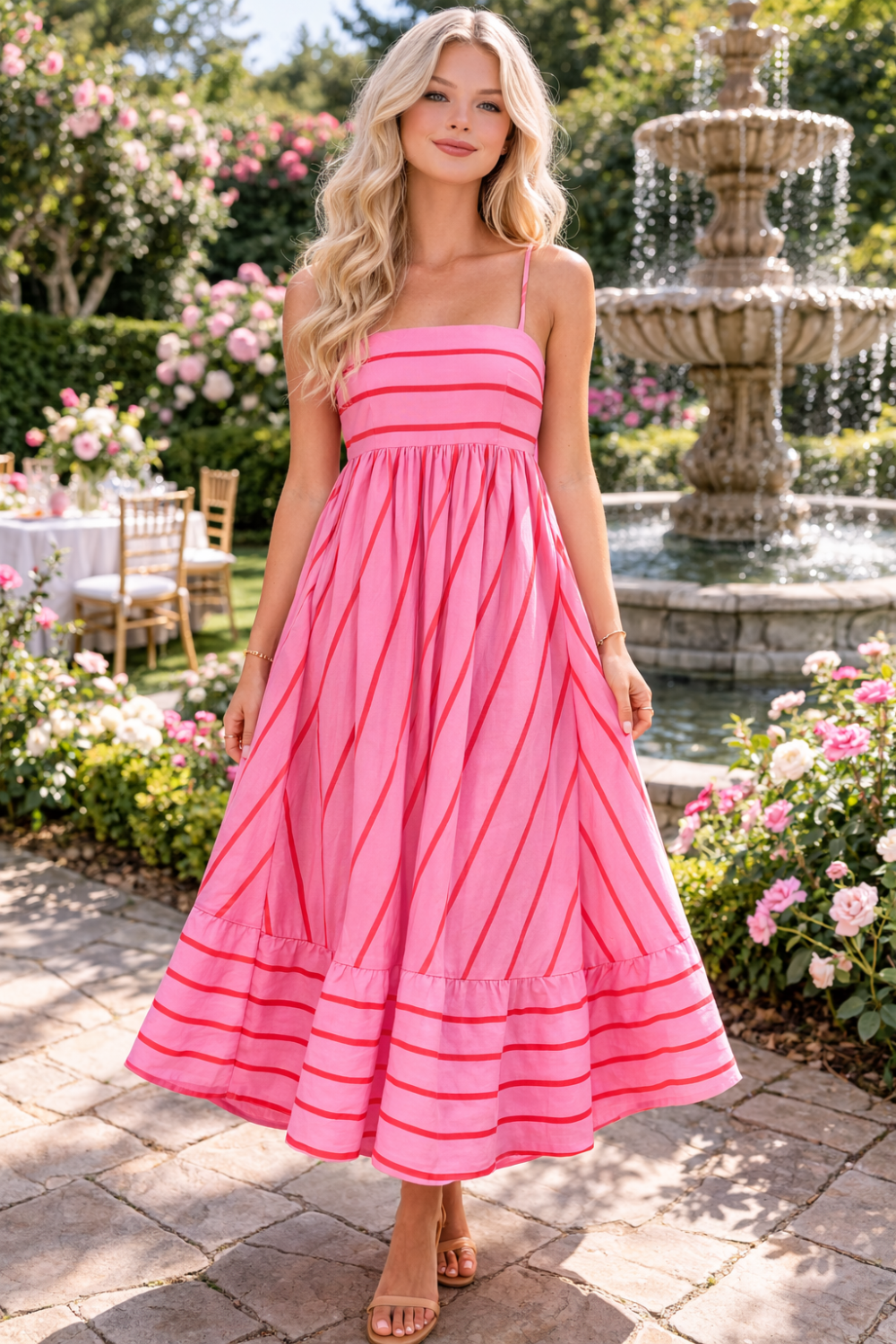 * Midi dress
* Square neck
* Adjustable spaghetti straps
* Unlined
* Peek-a-boo back
* Smocked back
* No stretch