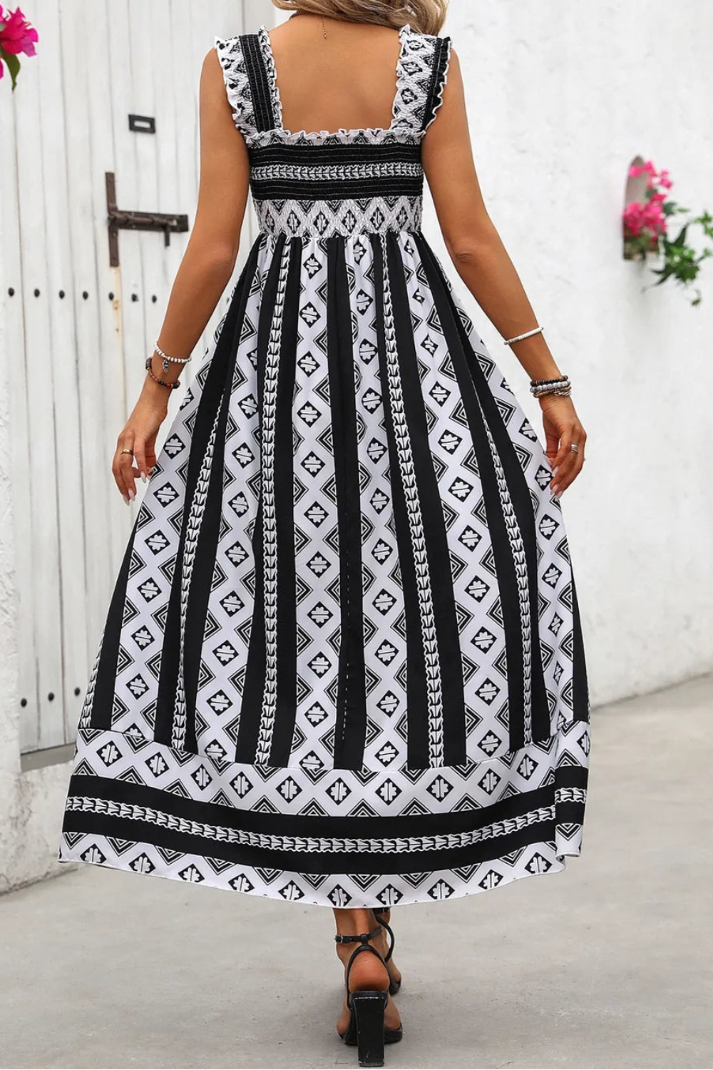 geometric pattern, wide straps, square neck, opaque, unlined, slightly stretchy, smocked, ruffled, pleated back view