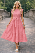 * Midi dress
* Round neck
* Cap sleeves
* Tied
* Ruffled
* Opaque
* Keyhole closure
* Unlined
* No Stretch