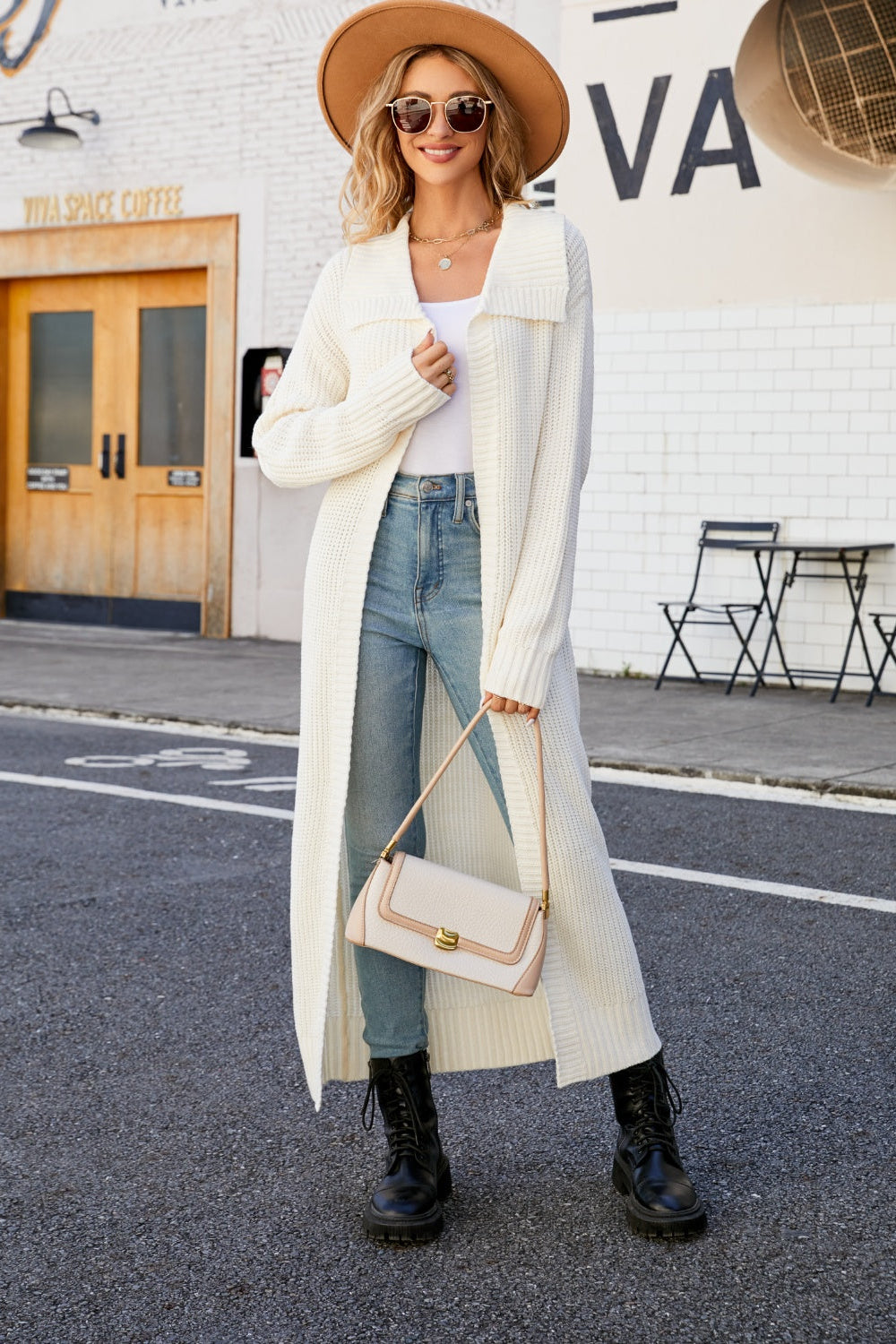 cardigan, open front, duster, collared, ribbed, long sleeve, drop shoulder, slightly stretchy, front view